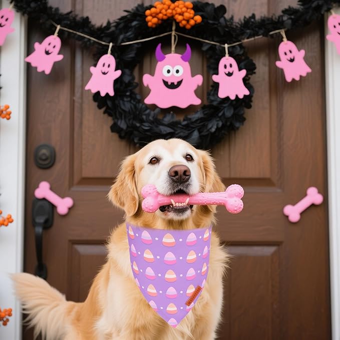 ADOGGYGO Halloween Dog Bandanas 2 Pack, Triangle Reversible Pumpkin Candy Print Pet Scarf Bib, Purple Halloween Bandans for Medium Large Dogs (Large)