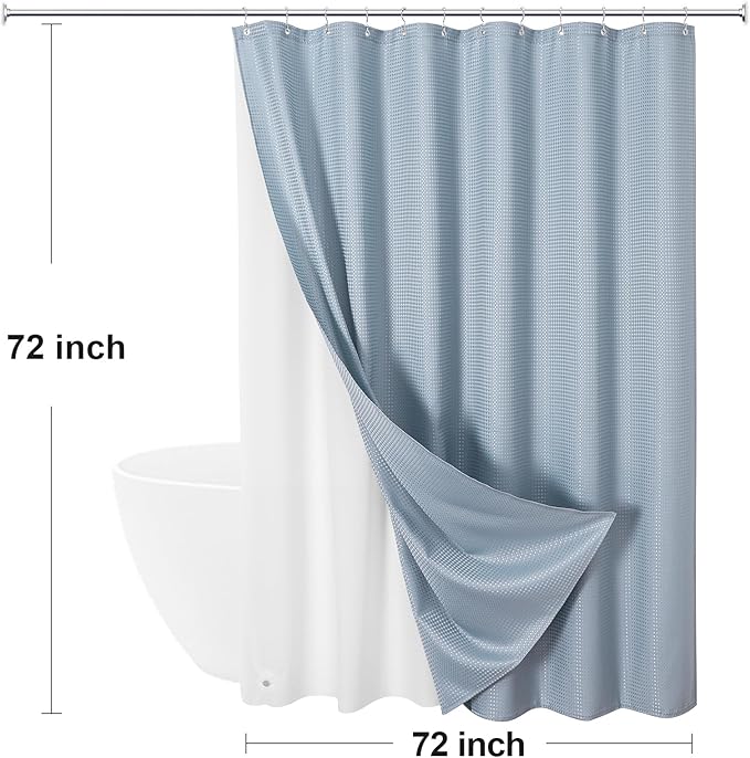 Craidlela 3 in 1 Shower Curtain Set, Fog Blue Waffle Shower Curtain and PEVA Liner Set with 12 Stainless Steel Shower Curtain Hooks, Waterproof Fabric Shower Curtains for Bathroom, 72 W x 72 H