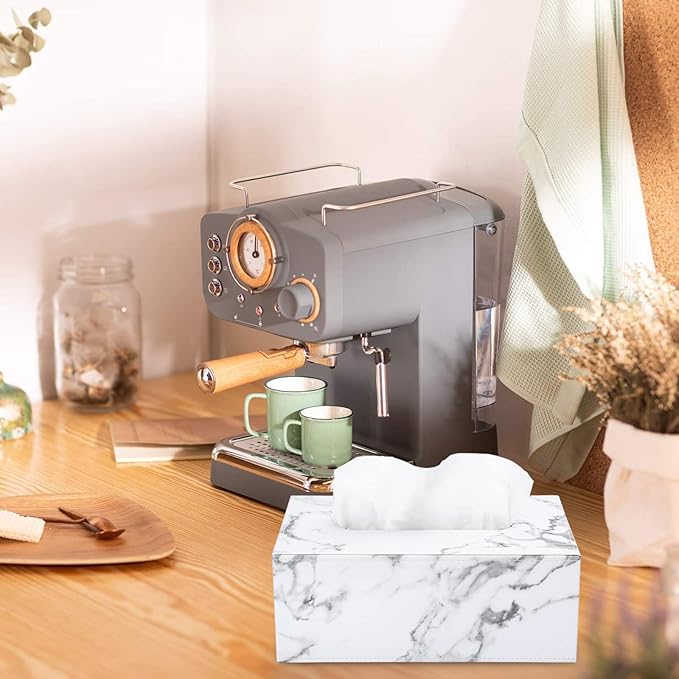 Sumnacon Rectangular Leather Tissue Box Cover - Stylish Tissue Box Holder with Magnetic Bottom, Decorative PU Tissue Box for Vanity Dresser Night Stand Table Countertop Home Office Car, Marble White
