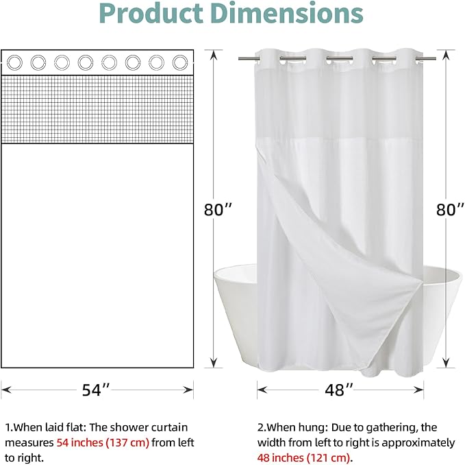 eachope Stall White No Hook Waffle Weave Shower Curtain with snap-in Liner Replacement, 230GSM Waterproof Fabric Hotel Shower Curtain Set for Bathroom, Through Mesh Top Window,54Wx80H