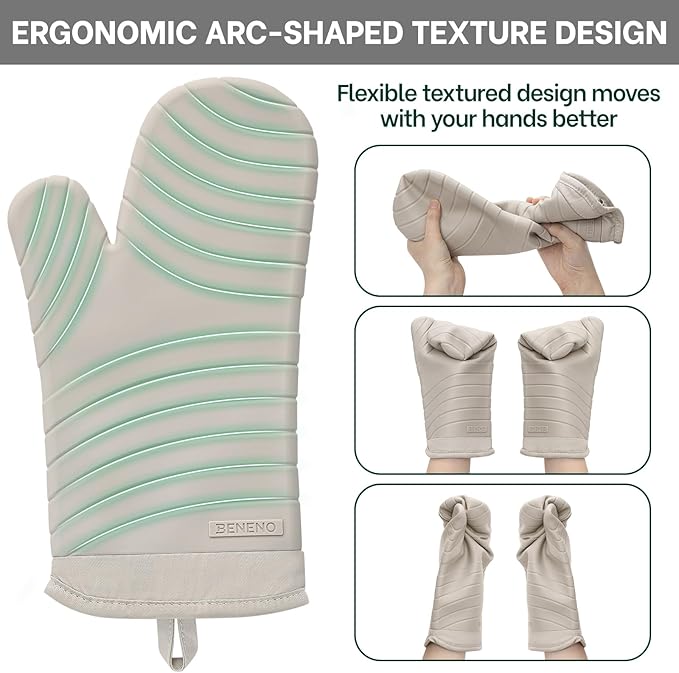 Beneno Heat Resistant Silicone Oven Mitts BPA-Free, Non-Slip Textured Grip & Quilted Cotton Lining, Waterproof Kitchen Mitt 2-Pack Set, 7"x13", Beige