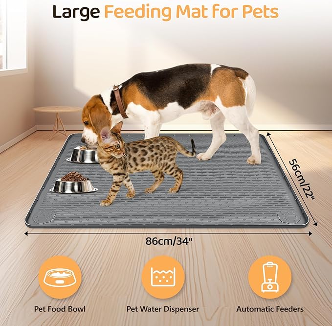 Bartuke Dog Food Mat, Extra Large 34" x 22" Silicone Pet Feeding Mat with Raised Edge Pet Placemat for Small, Medium, and Large Pets Non-Slip, Easy to Clean (Dark Grey)