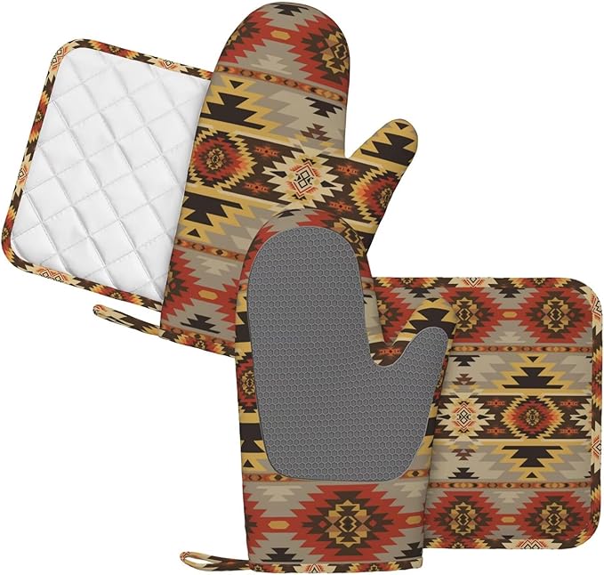American Southwest Print Oven Mitts and Pot Holders Set of 4 Silicone Aztec Kitchen Mitten Gloves and Non-Slip Vintage Potholders Set Heat Resistant Oven Gloves Hot Holders for Kitchen
