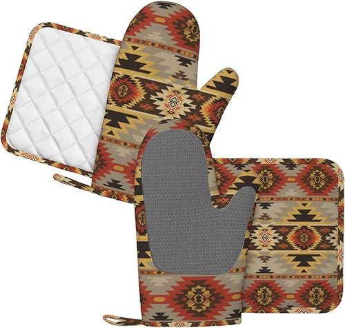 American Southwest Print Oven Mitts and Pot Holders Set of 4 Silicone Aztec Kitchen Mitten Gloves and Non-Slip Vintage Potholders Set Heat Resistant Oven Gloves Hot Holders for Kitchen