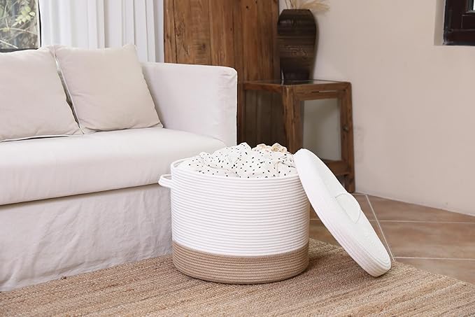 Cottonphant 20" x 20" x 15" Extra Large Storage Basket with Lid, Cotton Rope Storage Baskets, Laundry Hamper, Cloth Bin, for Clothes Towels Blankets Pillows Storage in Living Room, White/Jute Bottom