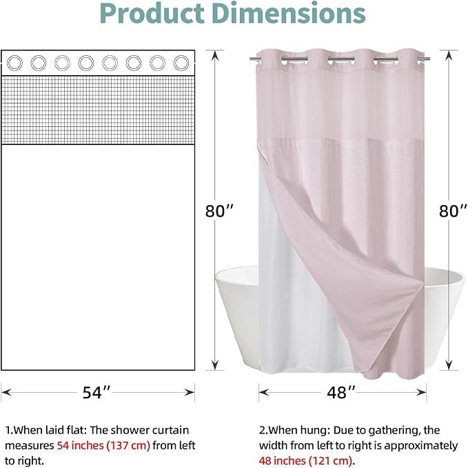 eachope BlushPink No Hook Waffle Weave Shower Curtain with snap-in Liner Replacement, 230GSM Waterproof Fabric Hotel Shower Curtain Set for Bathroom, Through Mesh Top Window,54Wx80H