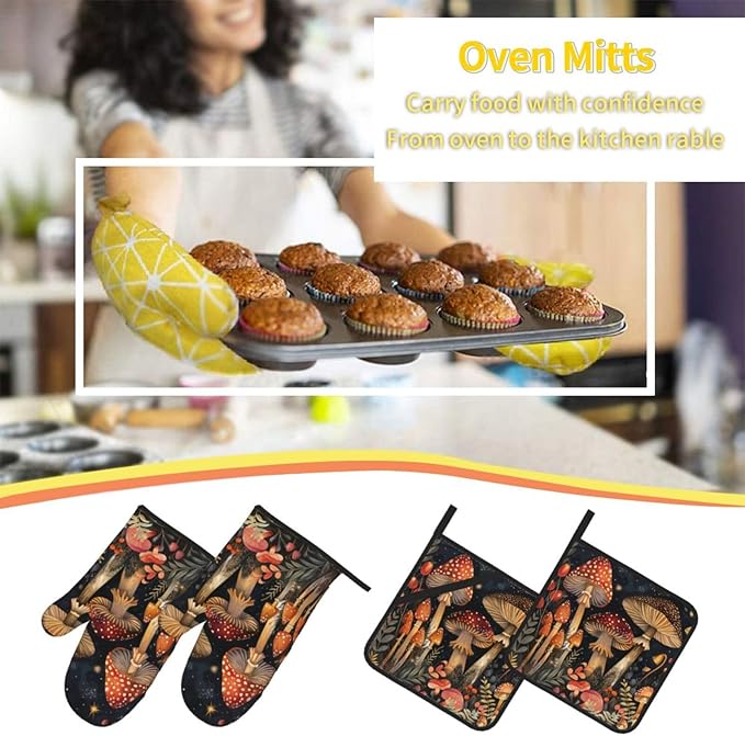 Oven Mitts and Pot Holders Sets of 4 Mushroom Vintage Botanical Kitchen Potholder Gloves Heat Resistant Non-Slip for Chef Baking Cooking Grilling BBQ Mittens