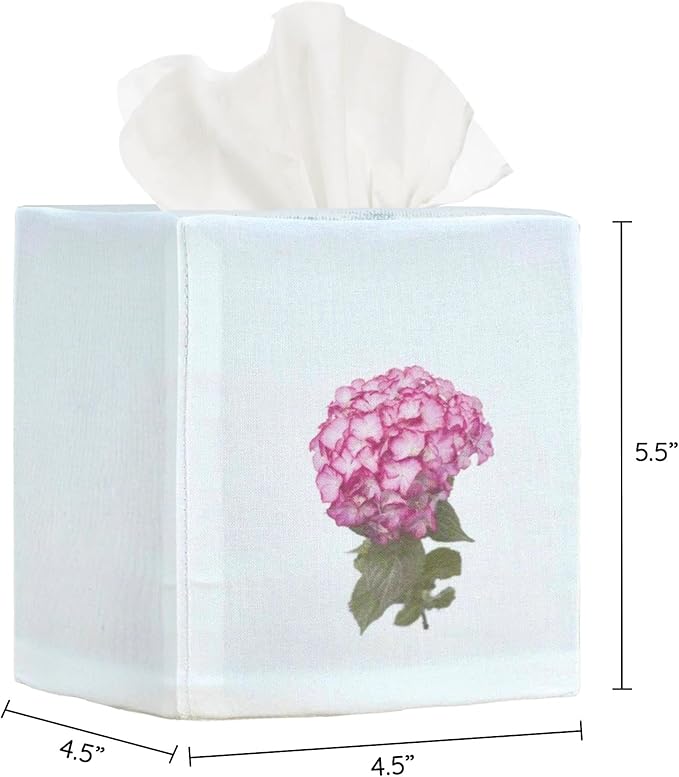 EmbroideryLinen.VN Tissue Box Cover Set of 2, Square Linen Tissue Holder, Printed Floral Design, 4.5x4.5x5.5 Inches, Decorative Holder for Bathroom, Living Room, Office (Hydrangea)