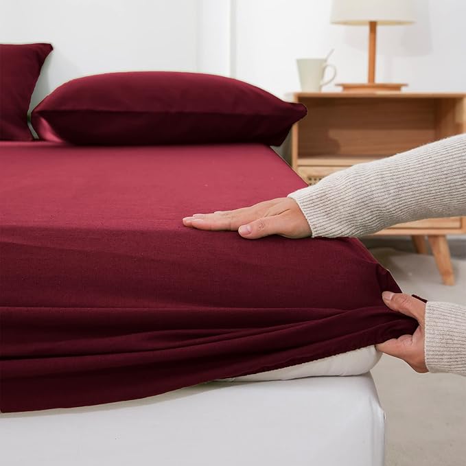 Simple&Opulence Belgian Linen Sheet Set Solid Color - 4 Pieces (1 Flat Sheet, 1 Fitted Sheet & 2 Pillowcases) Natural Flax Cotton Blend Soft Breathable Farmhouse Bedding - King Size, Burgundy Red