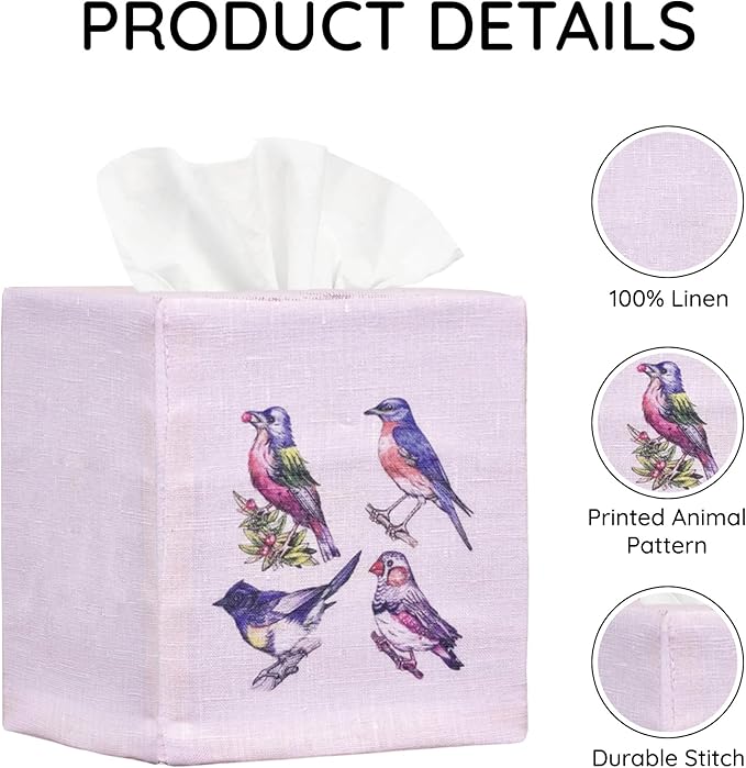 EmbroideryLinen.VN Tissue Box Cover Set of 2, Square Linen Tissue Holder, Printed Animal Pattern, 4.5x4.5x5.5 Inches, Decorative Holder for Bathroom, Living Room, Office (Four Birds)