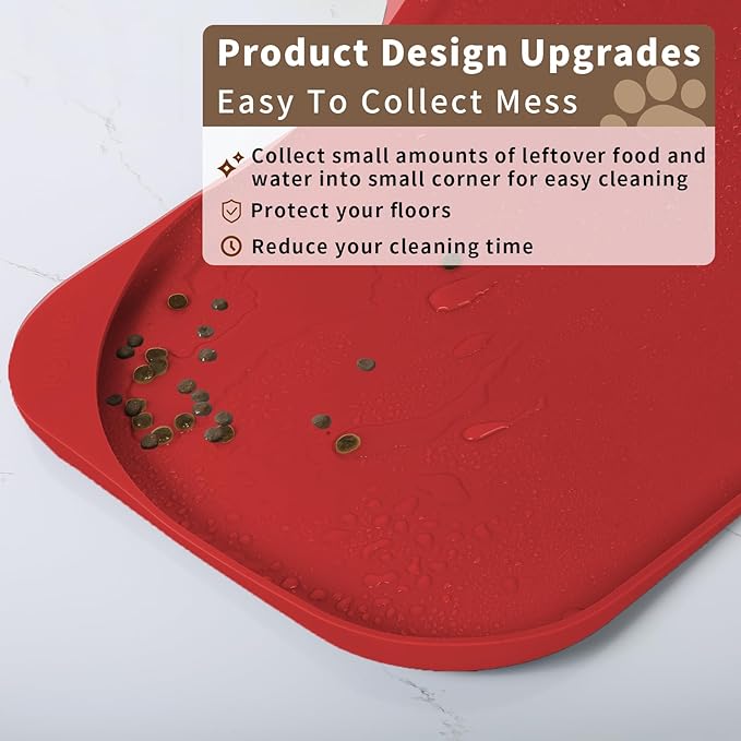 Smilool Silicone Pet Food Mat with Raised Edge for Food and Water Bowl, Dog Feeding Mats, Cat Food Trays for Floor Waterproof, Rubber Tray for Dogs and Cats, 22 x 14 x 0.8 Red