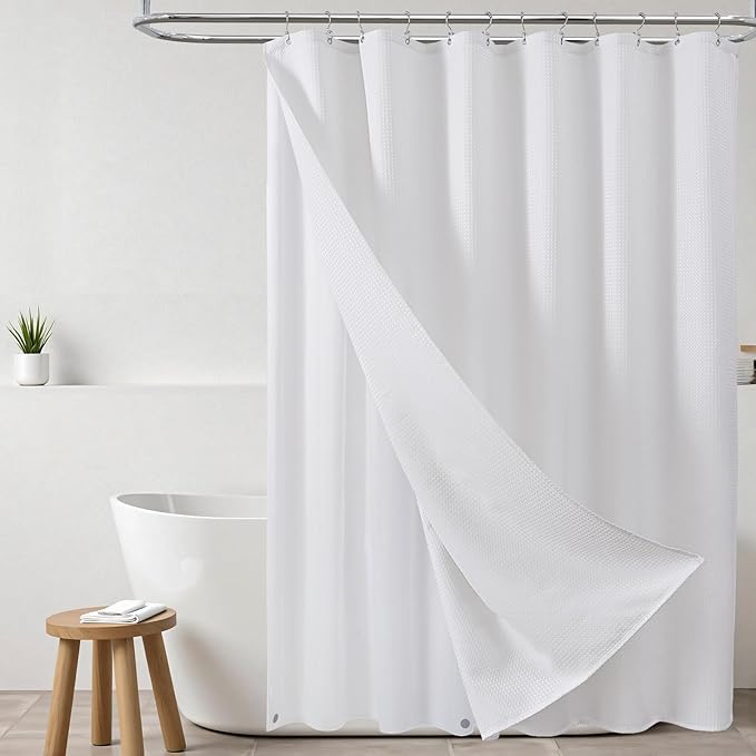 ROLIZOE 3-in-1 Waffle Texture Shower Curtain Set with TPU-Coated Waterproof Liner and 12 Upgraded Double-Sided Hooks, Well-Matched Sizes for a Seamless Fit – White, 72" x 72"