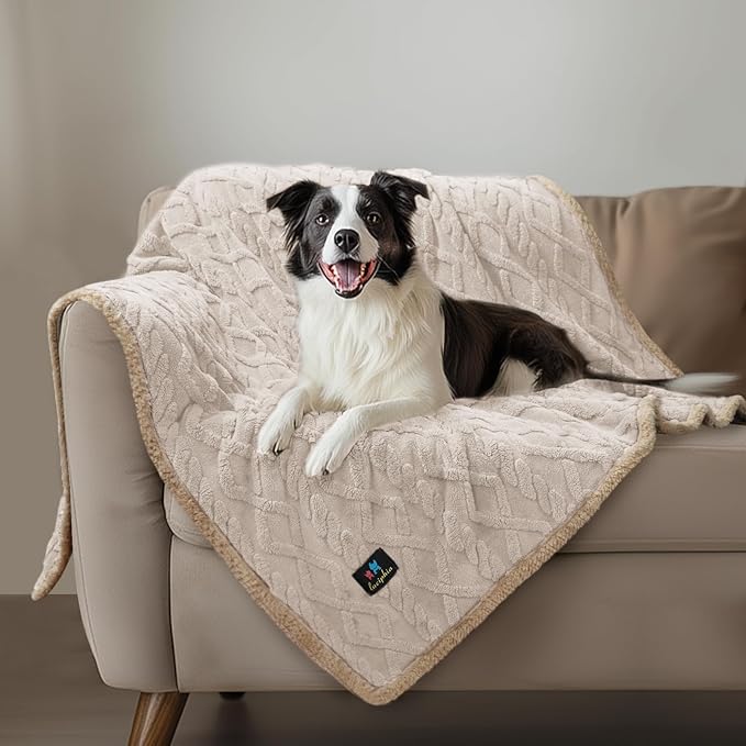 Luciphia Waterproof Pet Blanket, Liquid Pee Proof Dog Blankets for Sofa Bed Couch, Reversible Sherpa Fleece Furniture Protector Cover for Small Medium Large Dogs Cats,Beige-Thicken Large（65" x 57"）
