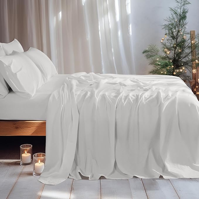 LBRO2M 100% Linen Sheet Set King Size, Bed Sheets 6 Piece Sets,Solid Color Natural Flax Bed Sheets Soft Breathable Bedding,16" Deep Pocket,All Season (King, White)