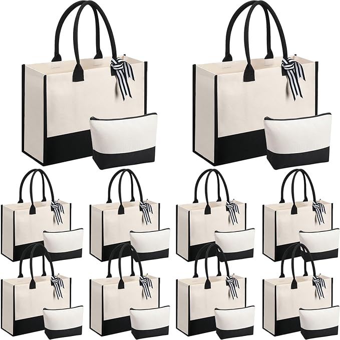 Sanwuta 10 Set Canvas Tote Bag with Inner Zipper Pockets and Makeup Bag Bulk Christmas Birthday Teacher Appreciation Gifts for Women Bridesmaid Mother