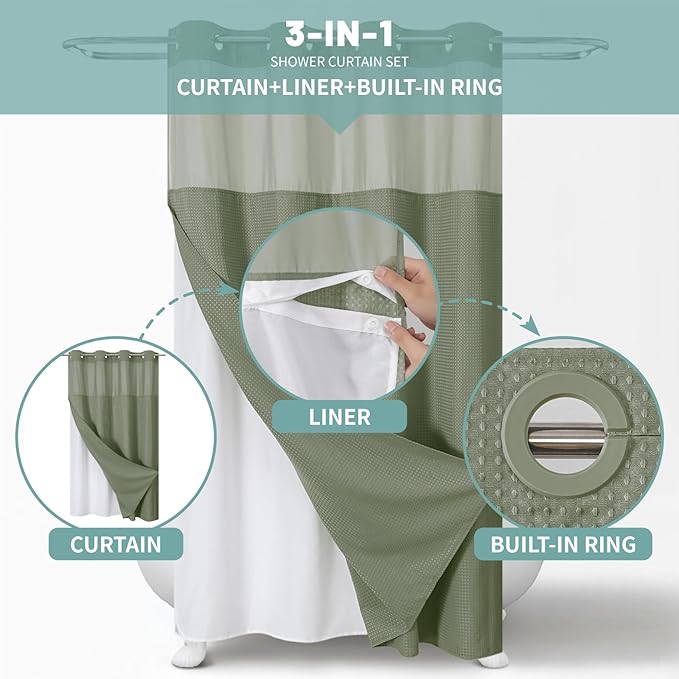 eachope Stall SageGreen No Hook Waffle Weave Shower Curtain with snap-in Liner Replacement, 230GSM Waterproof Fabric Hotel Shower Curtain Set for Bathroom, Through Mesh Top Window,54Wx80H