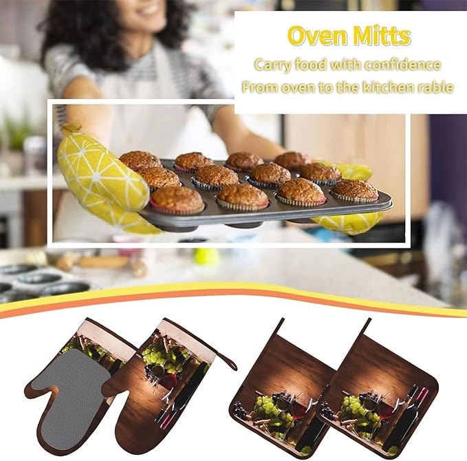 Vintage Glasses Wine Grapes Oven Mitts and Pot Holders with Apron Set of 5 Silicone Kitchen Mitten Gloves and Non-Slip Potholders Apron Set Heat Resistant Oven Gloves Hot Pads for Kitchen