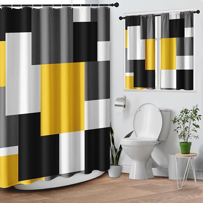 Culudea Geometric Yellow White Shower Curtain Set, Black and Gray Modern Bathroom Window Waterproof Shower Curtain Set for Bathroom Decor