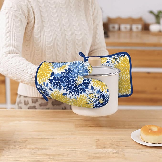 Oven Mitts and Potholders Watercolor Blue and Yellow Flowers Silicone Glove Heat Resistant, Kitchen Gloves for Cooking, 2-Piece Set