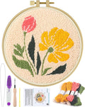ERKOON Punch Needle Kit Adults Beginners, DIY Easy Floral Embroidery Set for Starter Art Craft, Needling Punch Project with Patterns, Tools, Yarns, Hoop, Instruction (Rhubarb Flowers)