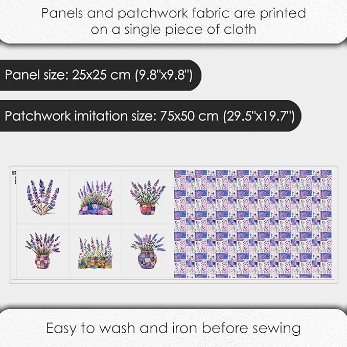 Lavender Patchwork Cotton Fabric Panel – 6 Designs (10×10 inch Each) + Bonus Sheet 29.5×19.6 inch, 100% Cotton 140 GSM, Made in Türkiye