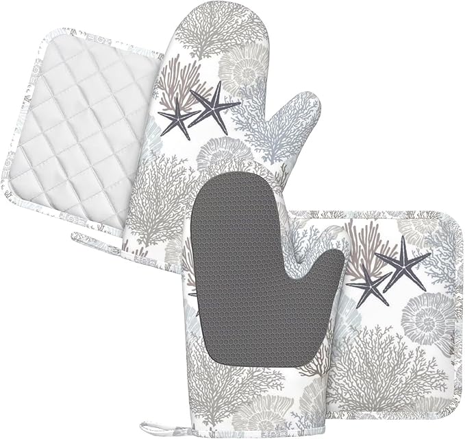 Nautical Coastal Oven Mitts and Pot Holders Set, 4pcs Silicone Starfish Seashell Coral Beach Themed Oven Glove for Kitchen Heat Resistant Oven Mitts and Non-Slip Potholders Blue Grey