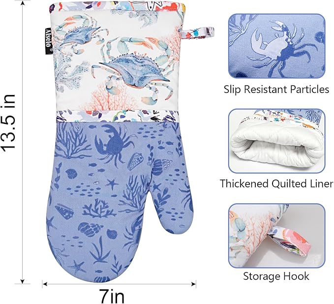 Oven Mitts, Heat Resistant with Soft Quilted Cotton Lining Set of 2, Fashion Crab Design with Silicone Printing Anti-Slip Kitchen Gloves for Safe Backing Cooking Barbecue (Lilac,Crab)