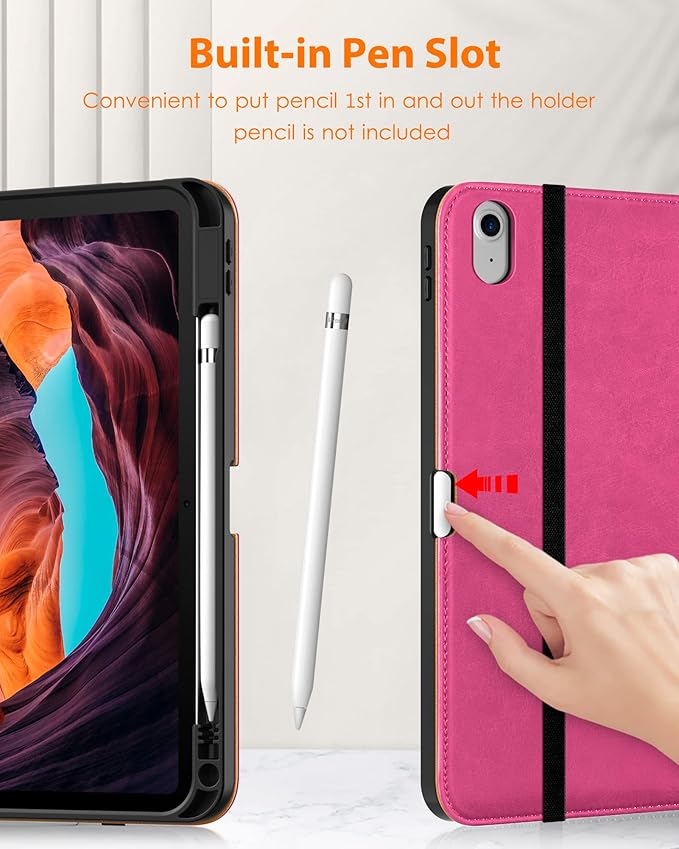 DTTO for iPad (A16) 11th Generation Case 11 Inch 2025, iPad 10th Generation Case 10.9 Inch 2022, Premium Leather Business Folio Stand Cover with Pencil Holder - Auto Wake/Sleep, Rose Red A2