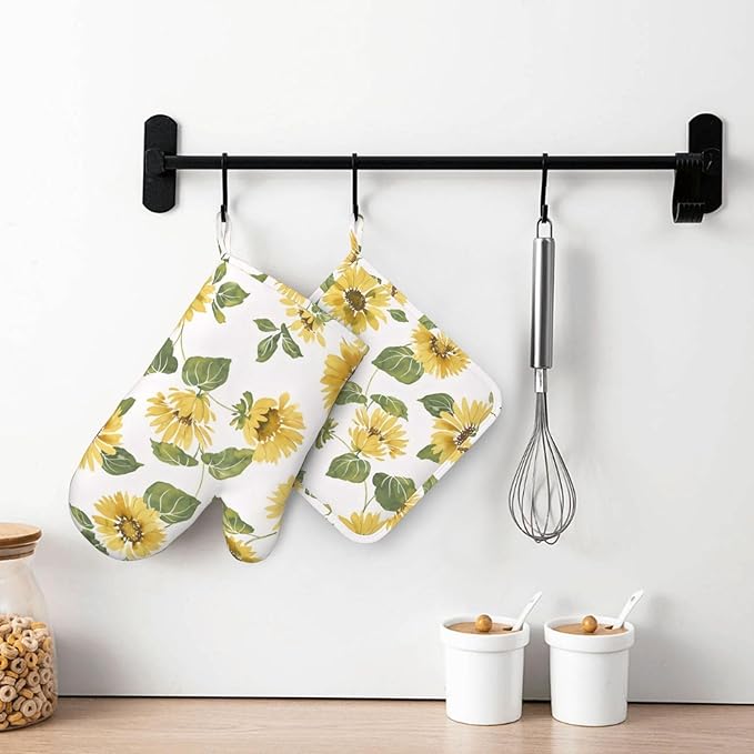 Silicone Oven Mitts and Pot Holders Sets, Home Sunflower Floral Heat Resistant BBQ Gloves for Kitchen Baking Cooking Grilling Microwave