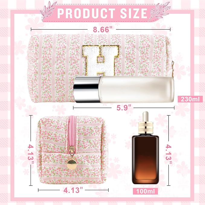 Personalized Quilted Cosmetic Bag, Puffy Monogrammed Christmas Birthday Gifts for Women & Girls, Cute initial Floral Makeup Bag Puffer Coquette Bag, Aesthetic Travel Toiletry Zipper Pouch(Pink,H)