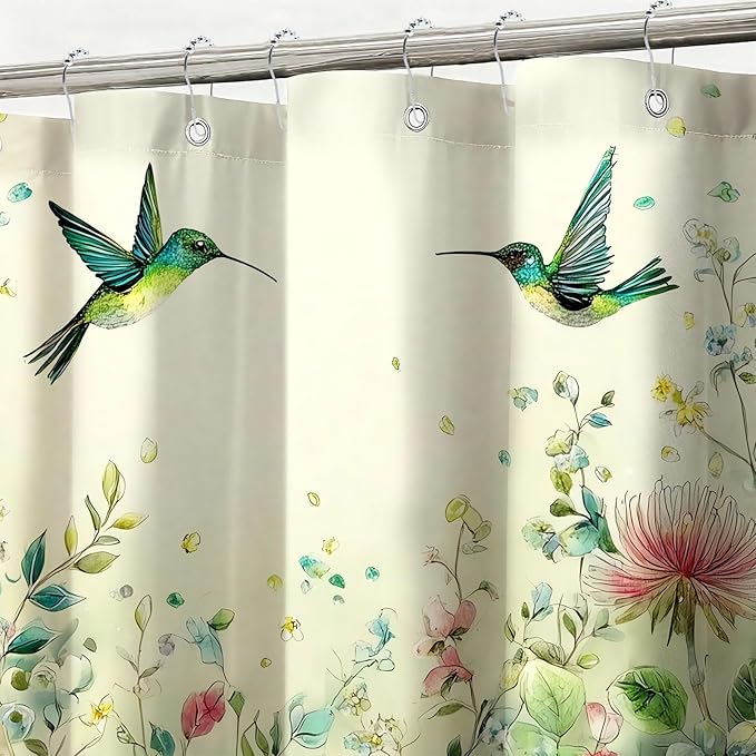 mutakin Green Leaf Flowers Shower Curtain Hummingbird Shower Curtains for Bathroom Waterproof Fabric Bath Curtain Decor with Hooks