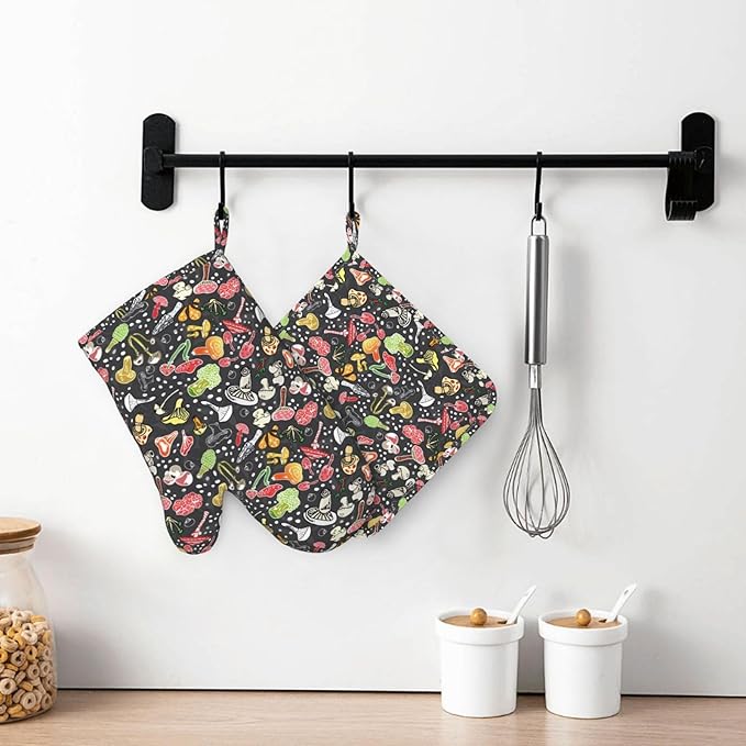 Fresh Mushroom Oven Mitts and Pot Holders Sets of 4,Resistant Hot Pads with Polyester Non-Slip BBQ Gloves for Kitchen,Cooking,Baking,Grilling