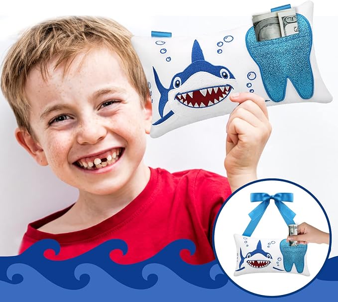 Malihome Tooth Fairy Pillow with Pocket for Girls and Boys Kids Tooth Pillow Toothfairy Gifts Tooth Keepsake Pouch 8.6 x 4.8 inches (for Boys)