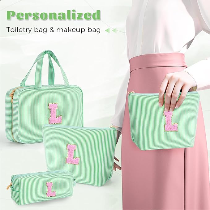 Fystdtote Cute Toiletry Makeup Bag for Women Girls - Personalized Teenager Girl Gift Ideas | Initial Make Up Bag | Gifts for Women Friends | Skin Care Bag | Tween Girls Trendy Stuff - Green L