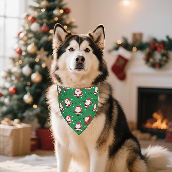 PTDECOR Christmas Dog Bandana, HOHO Santa Design Reversible Holiday Pet Scarf, Premium Durable Fabric, Red Green Triangle Christmas Bandanas for Extra Large Dogs (X-Large)