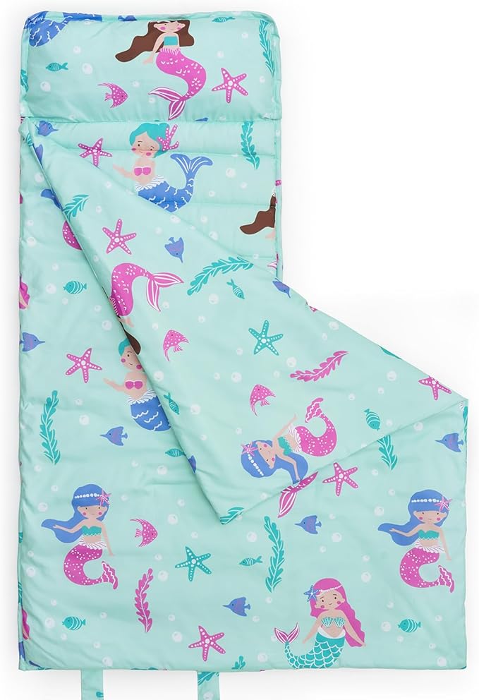 david's kids Toddler Nap Mat Set with Removable Pillow, Ultra Soft Slumber Bags for Boys Girls Neutral，Perfect for Preschool, Daycare, Kids Sleeping Bags with Rollup Design, 50"x20", Mermaid