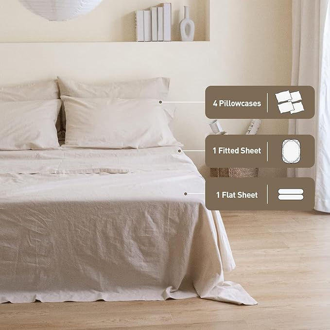 Simple&Opulence Belgian Linen Sheet Set Solid Color - 6 Pieces (1 Flat Sheet & 1 Fitted Sheet & 4 Pillowcases) 16" Deep Pocket Natural Flax Cotton Blended Soft Bedding - Linen, California King