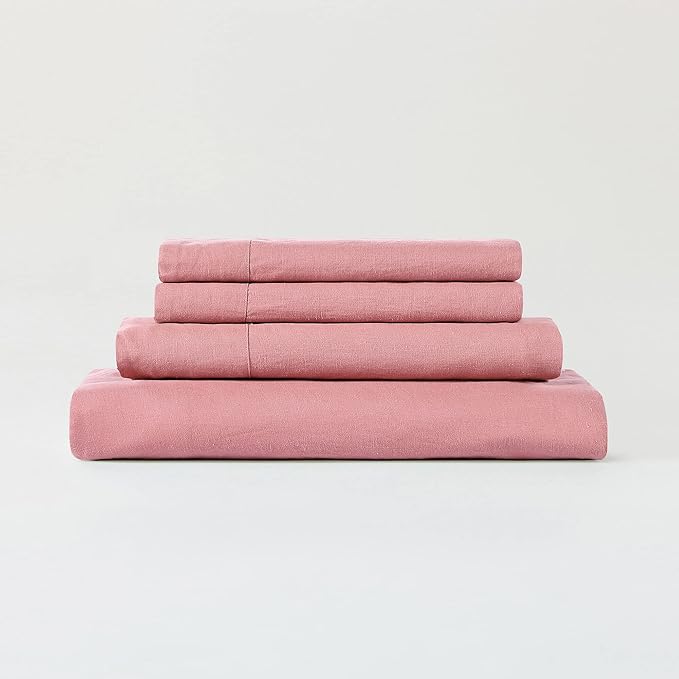 Sijo Stone Washed Organic French Linen Bed Sheet Set, GOTS Certified Organic, Best Cooling Linen Sheet Award by Sleep Foundation, 3 Piece - 2 Pillowcases and 1 Fitted Sheet (Pink Clay, King)