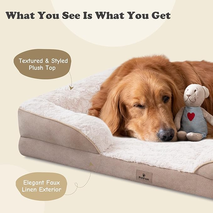 PetFun XL Orthopedic Dog Beds Large Sized Dog - Washable Large Dog Cat Bed Waterproof, Comfort Dogs Couch Sofa with Washable Removable Cover, Pet Bed with Nonskid Bottom, Beige, 42"