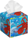 BLYKVGHQ Octopus and Jellyfish Tissue Box Cover Square, Coral Reef Tissue Box Holder with Bottom Belt Leather Facial Paper Organizer Dispenser for Bathroom Bedroom Dresser Night Stand Tabletop