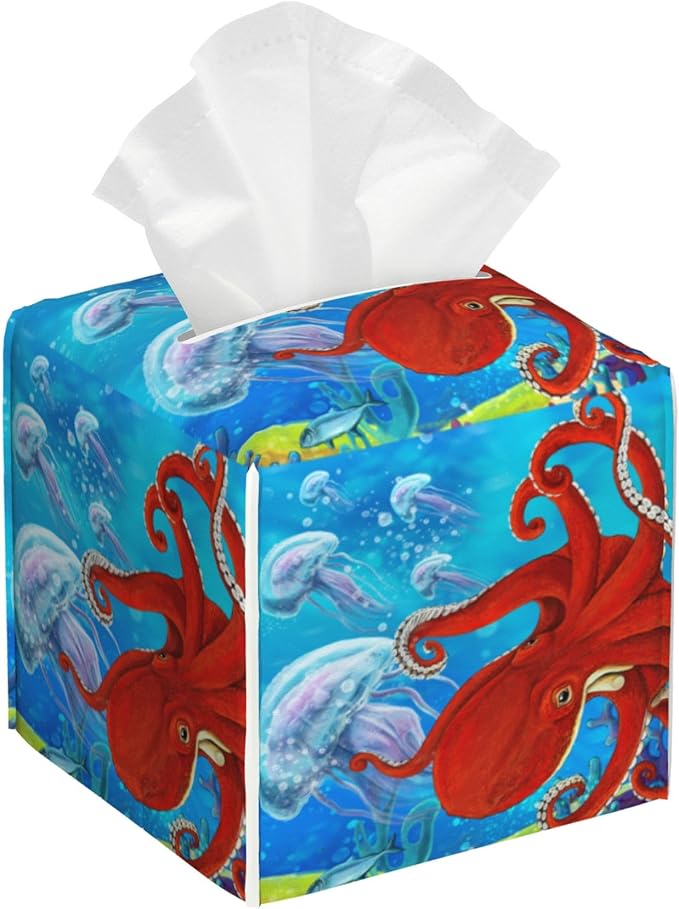 BLYKVGHQ Octopus and Jellyfish Tissue Box Cover Square, Coral Reef Tissue Box Holder with Bottom Belt Leather Facial Paper Organizer Dispenser for Bathroom Bedroom Dresser Night Stand Tabletop