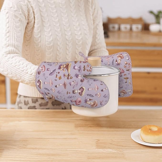 Oven Mitts Pot Holders Set Mushrooms Vintage Botanical Silicone Kitchen Gloves Potholders Heat Resistant for Chef Baking Cooking Grilling BBQ 4 Pack Mitt