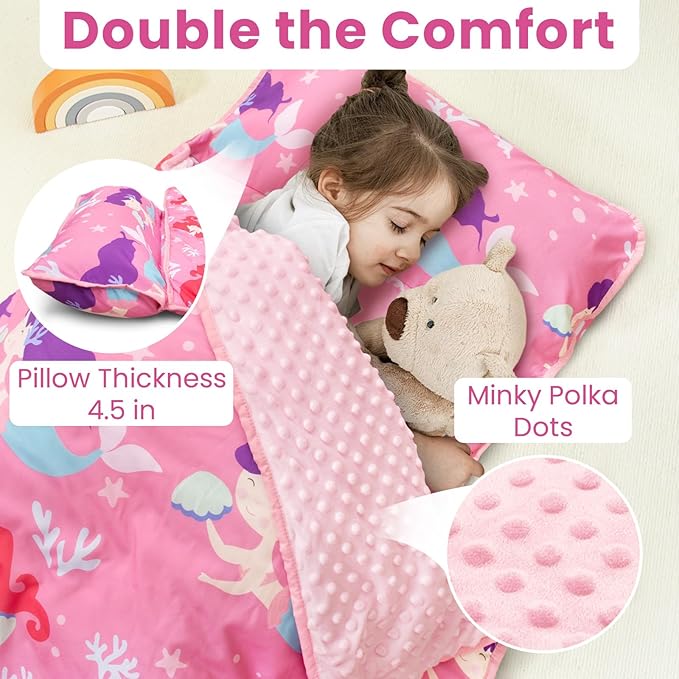 Beavtaens Toddler Nap Mat with Pillow and Minky Blanket, Large 55"x35" Sleeping Bag, Washable, Lightweight, Easy to Roll, Perfect for Preschool, Daycare, Kindergarten, Travel, Boys and Girls(Mermaid)