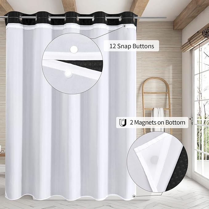 MitoVilla Black Waffle Long Shower Curtain Liner Set 72 x 80, No Hooks Required 80 inch Long Heavyweight Fabric Shower Curtain Set with Snap-in Liner for Hotel Grade Spa-Like Bathroom Decor