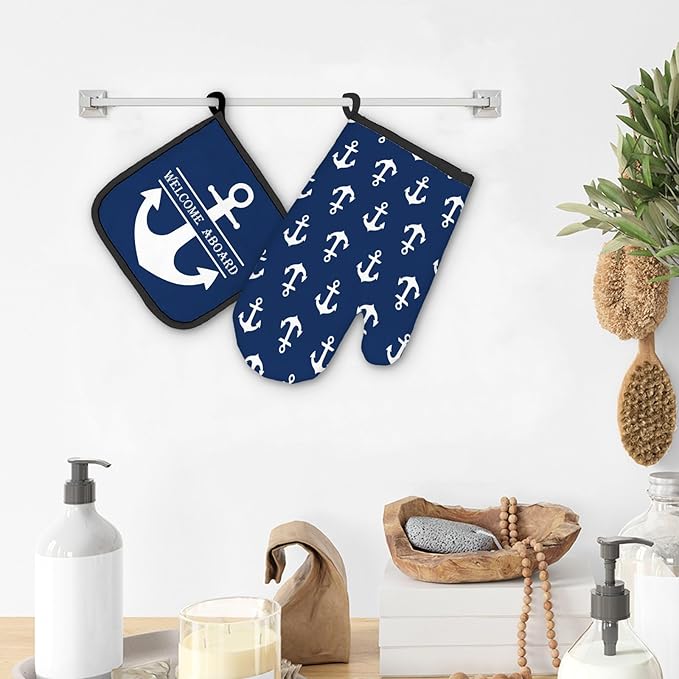 Lake House Gifts Oven Mitts and Pot Holders Sets, Lake Navy Blue Kitchen Accessories Sets, Nautical Navy Blue Anchor Welcome Aboard Heat Resistant Oven Glove Potholders for Kitchen Cooking