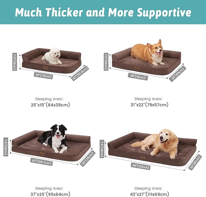 COZY KISS Orthopedic Dog Bed for Large Medium Size Dog, Dogs Crate Bed, L Shaped Foam Anti-Slip Bottom Pet Cat Sofa with Washable Removable Cover, Suitable for Pet Up to 75 lbs, 36x27x7.5 inch, Brown