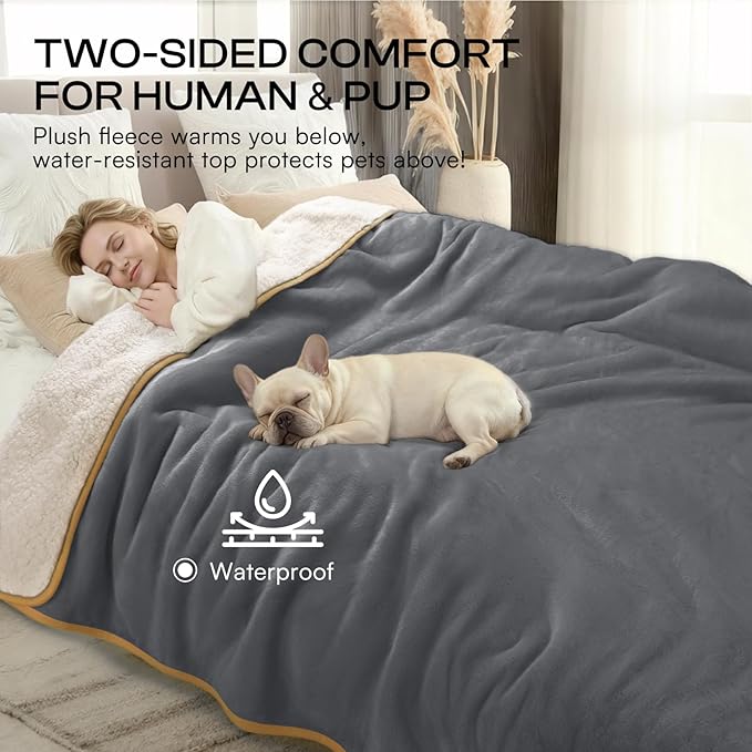 Luciphia Waterproof Pet Blanket, Liquid Pee Proof Dog Blanket for Sofa Bed Couch, Reversible Sherpa Fleece Furniture Protector Cover for Small Medium Large Dogs Cats, Grey+Beige Medium（57" x 40"）