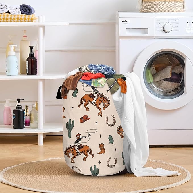 Colorful Western Cowboy Laundry Basket with Sturdy Handles, Collapsible Oxford Cloth Laundry Hamper Organizer Basket for Bathroom Bedroom 15.7x20 Inch