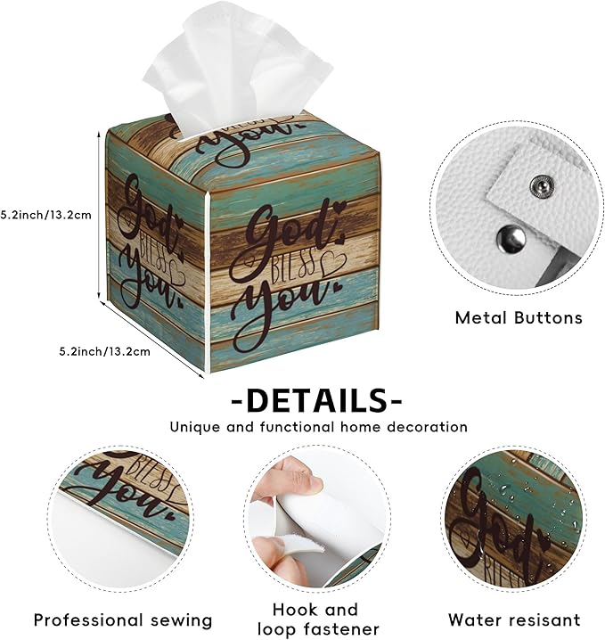 God Bless You Tissue Box Cover,Wooden PU Leather Tissue Box Holder Square,Modern Home Decoration for Bathroom Living Room Kitchen Office Car,5.2"×5.2"×5.2"