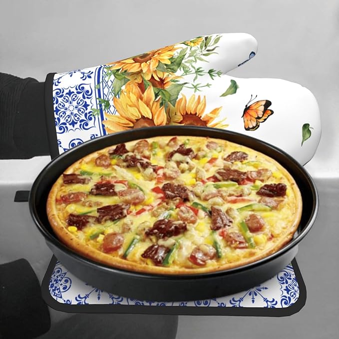 Sunflower Oven Mitts and Pot Holders Sets Yellow Floral Butterfly Oven Mitts Heat Resistant Blue Boho Farmhouse Spring Summer Decorative Oven Gloves Hot Pad for Kitchen Cooking Baking Grilling Dining
